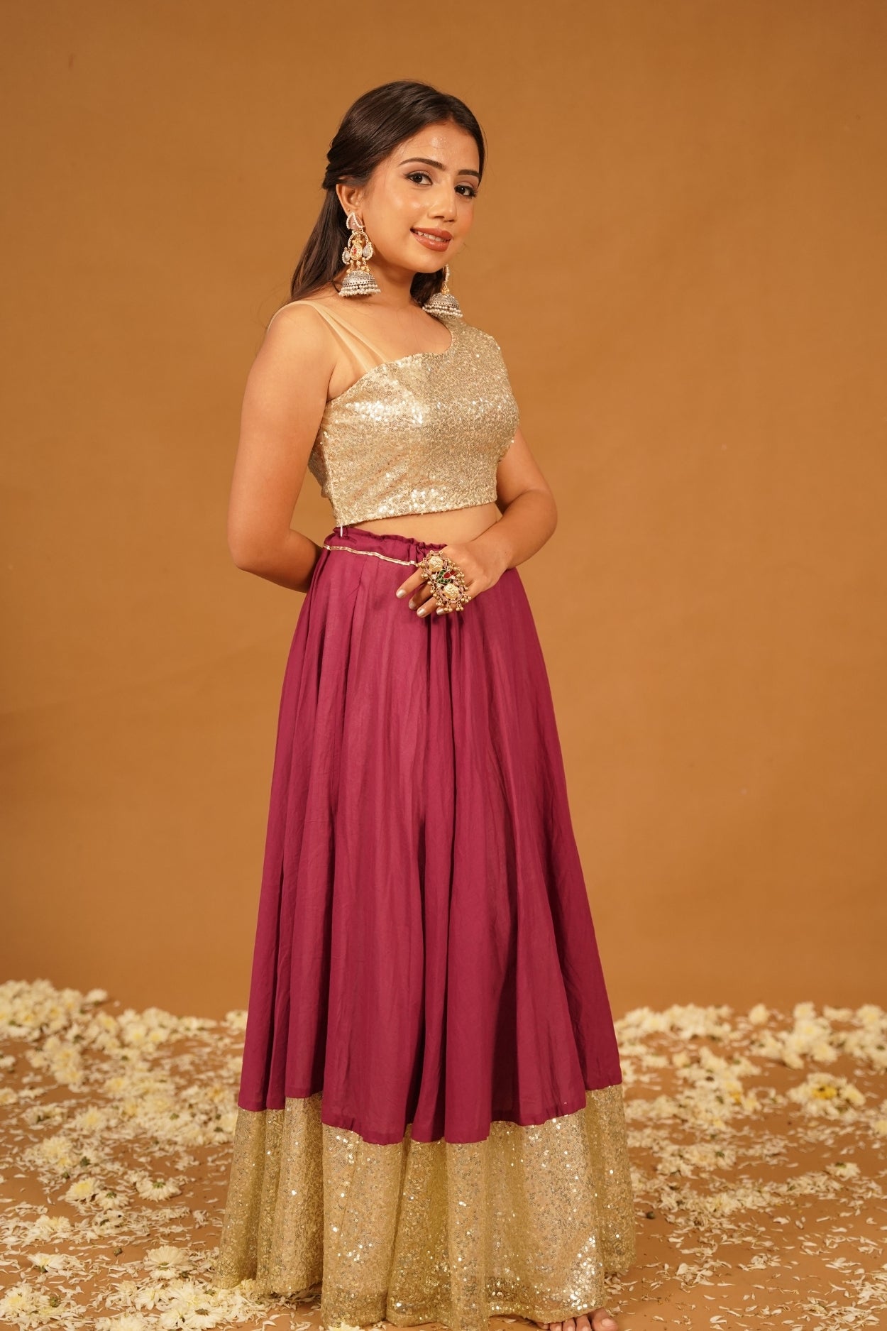 GOLDEN SEQUENCE ONE-SHOULDER BLOUSE
