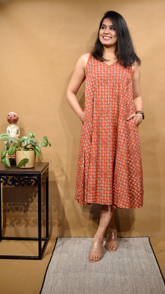 Rust Butti Kalamkari Circular Dress