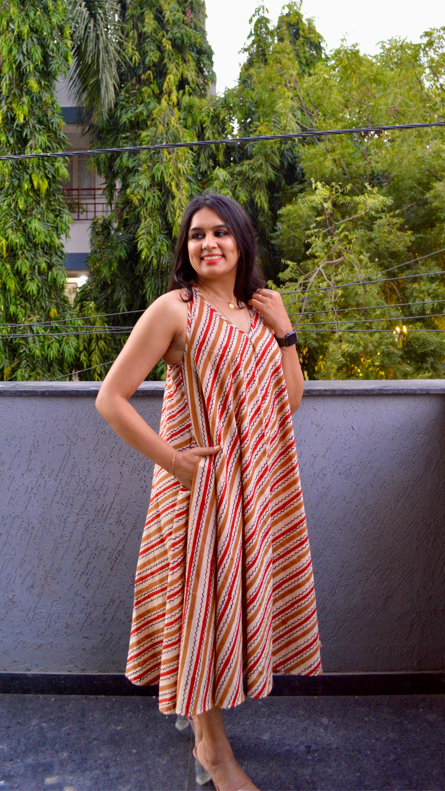 Beige Striped T back Dress