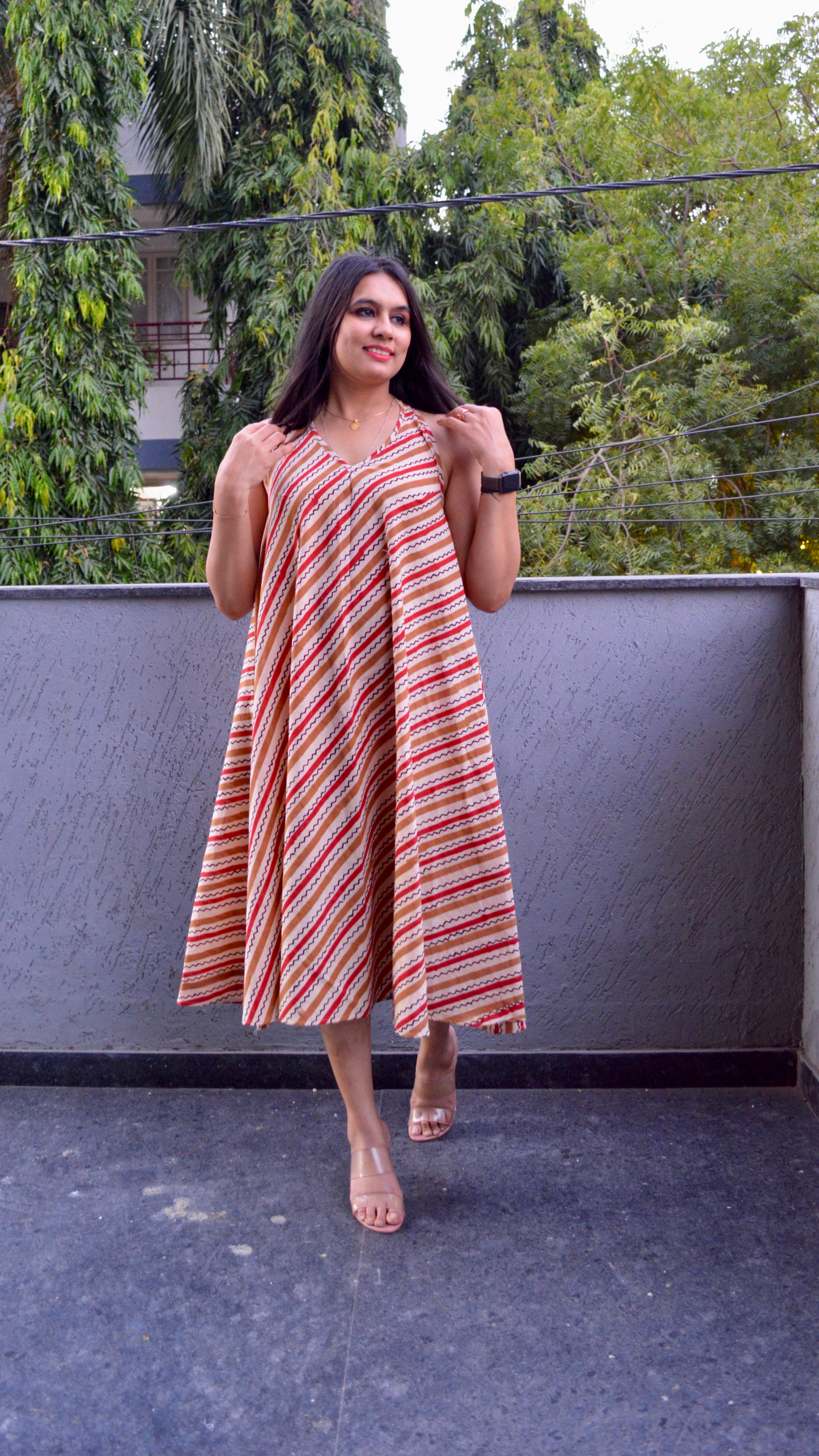 Beige Striped T back Dress
