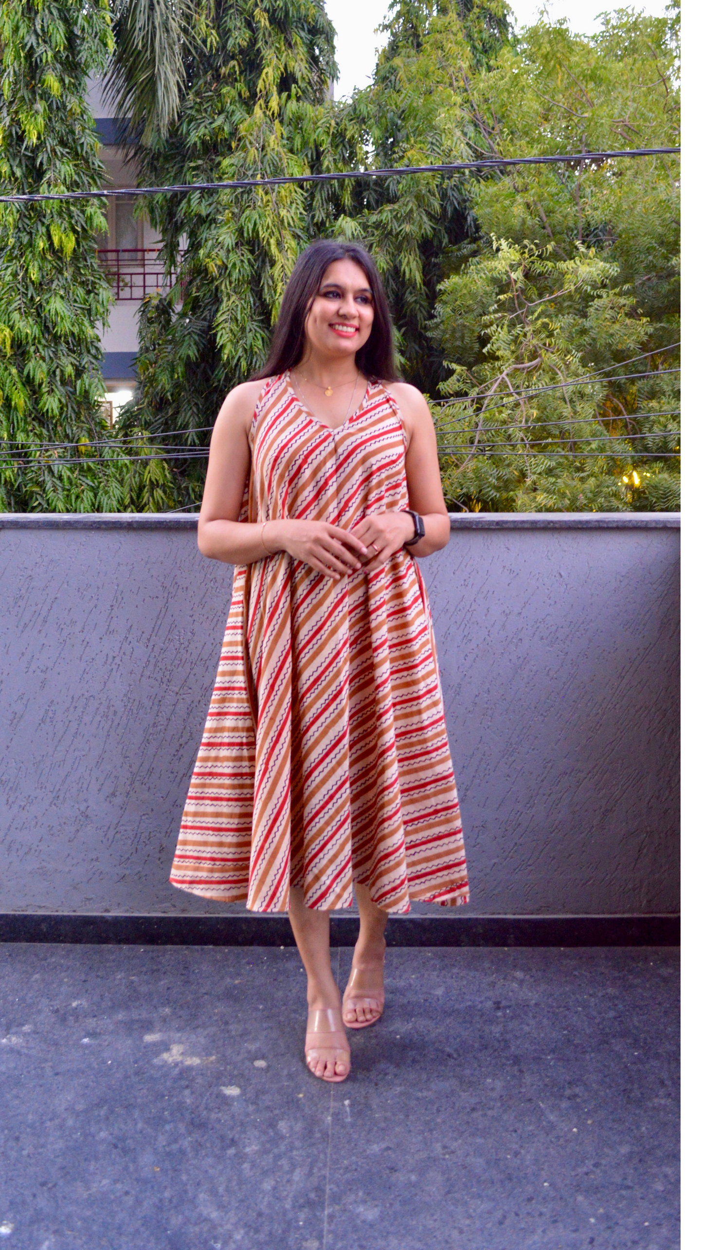 Beige Striped T back Dress