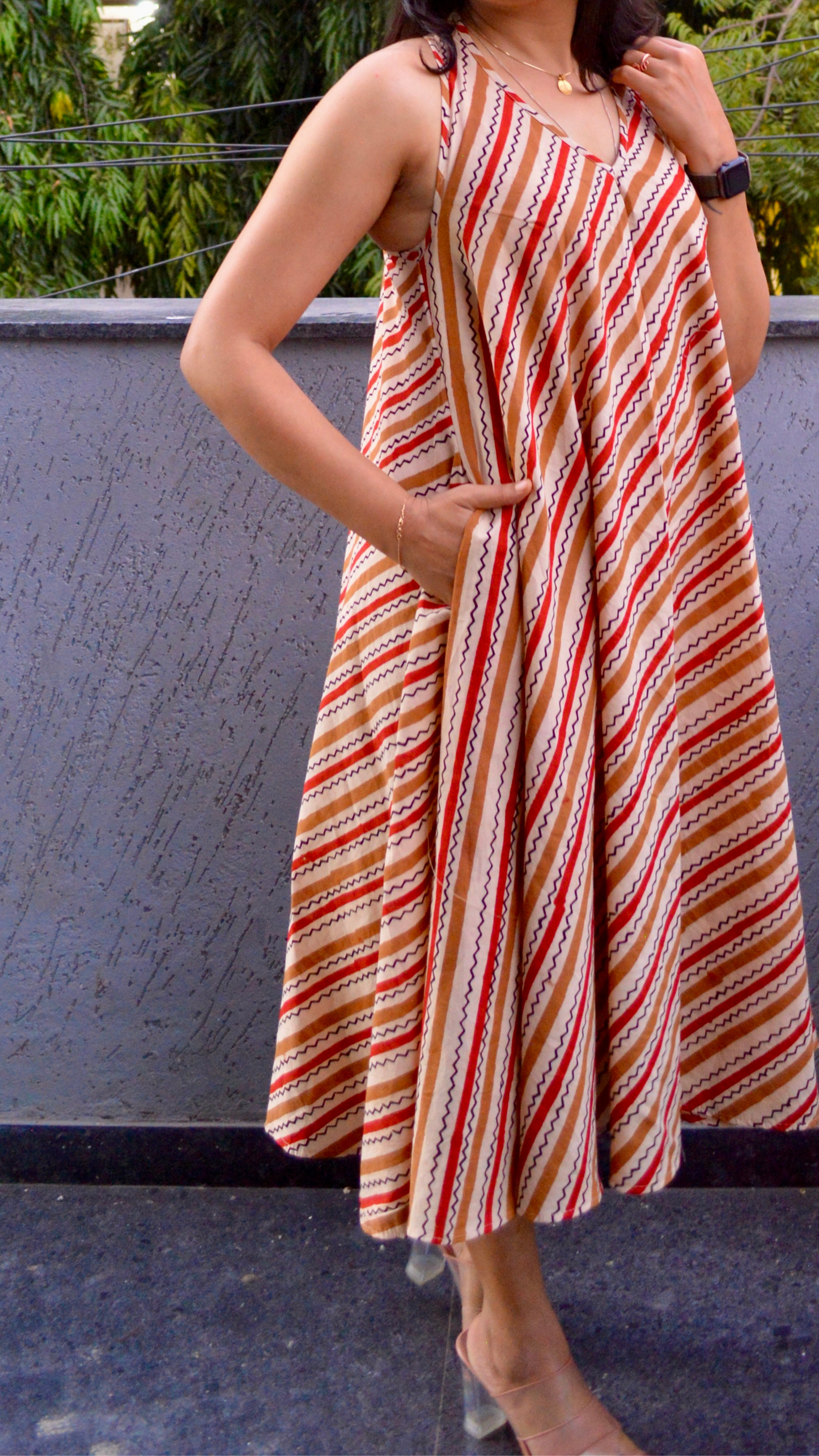 Beige Striped T back Dress