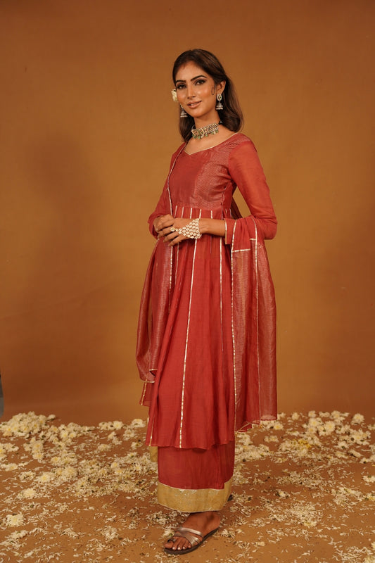 ONION PINK MUL CHANDERI AANARKALI SET