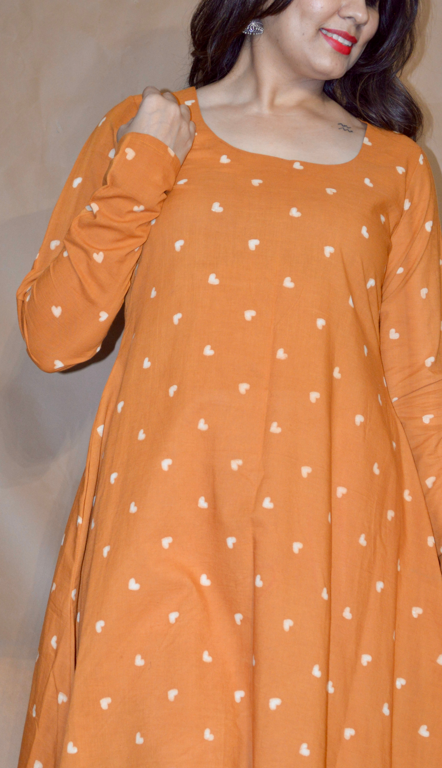 Amber Heart Dabu Mul Cotton A-Line Kurta