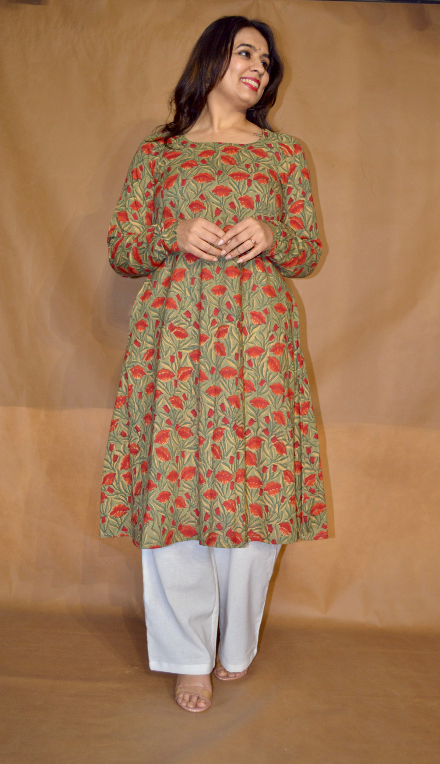 Olive Bloom Sanganeri Mul Cotton A-Line Kurta