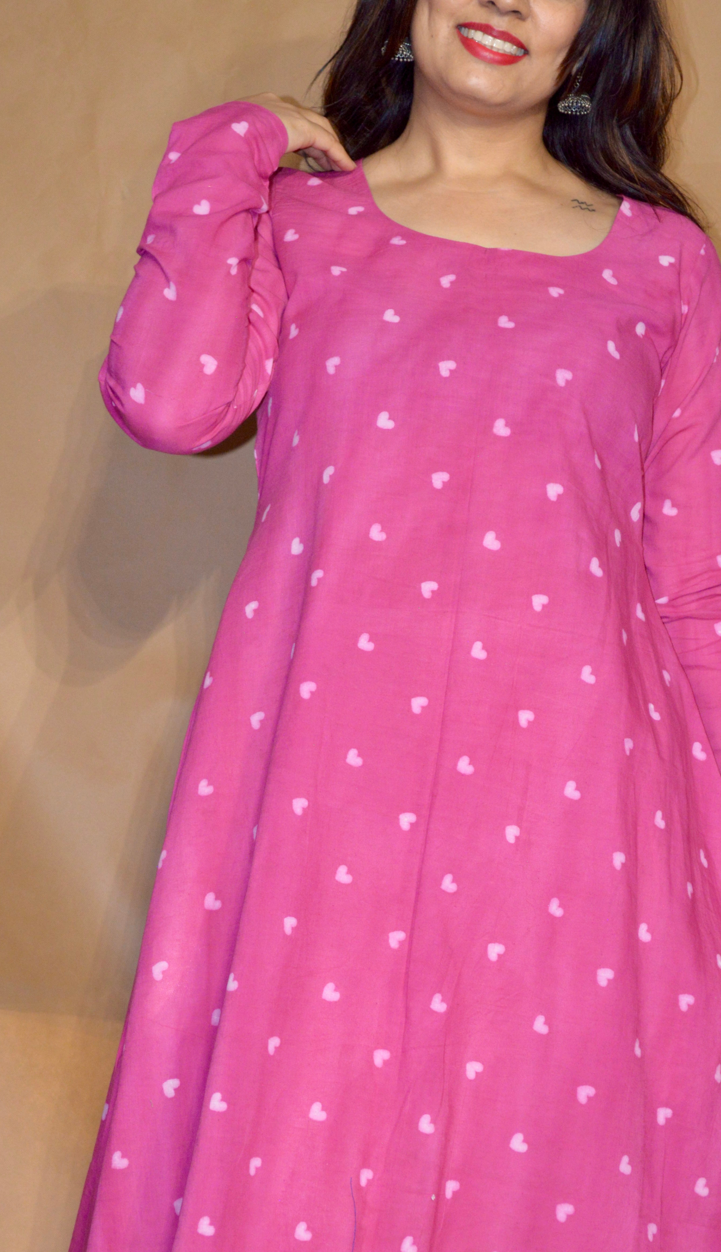 Fuchsia Love Dabu Mul Cotton A-Line Kurta