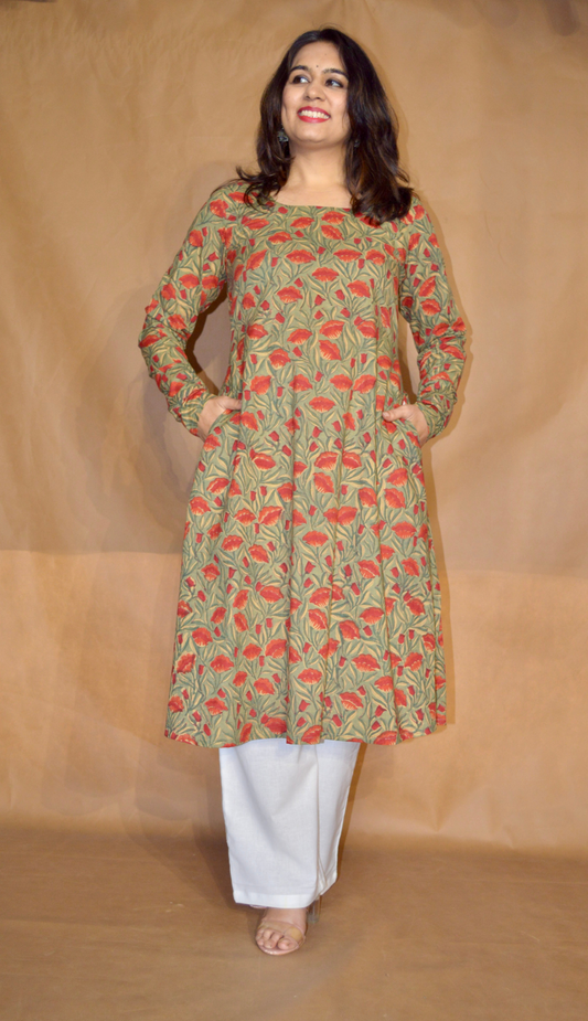 Olive Bloom Sanganeri Mul Cotton A-Line Kurta