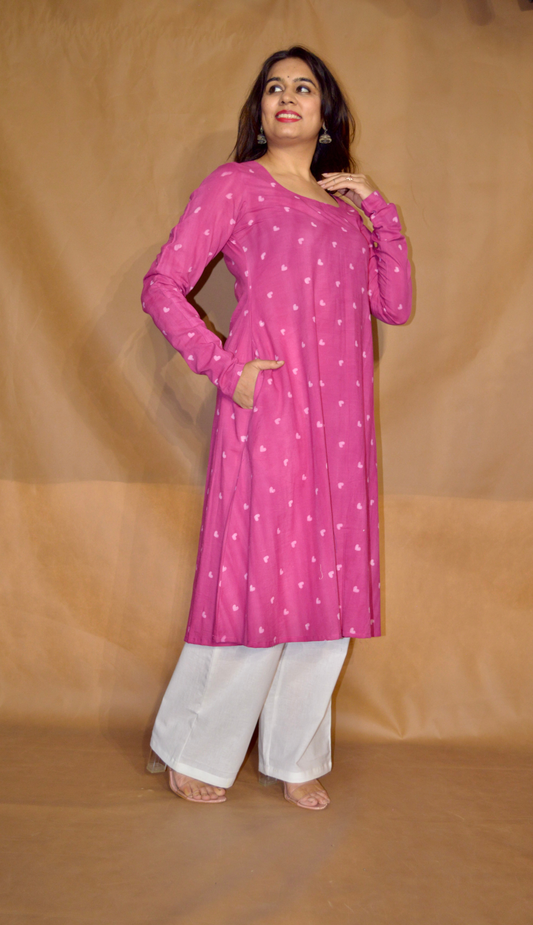Fuchsia Love Dabu Mul Cotton A-Line Kurta