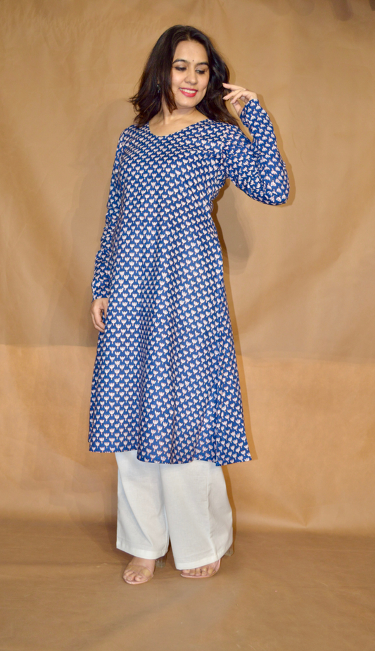 Deeped in blue Sanganeri Mul Cotton A-Line kurta