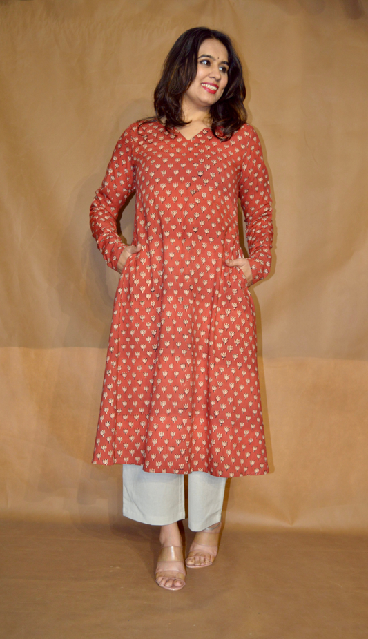 Rust Meadow Bagru Cotton A-Line Kurta