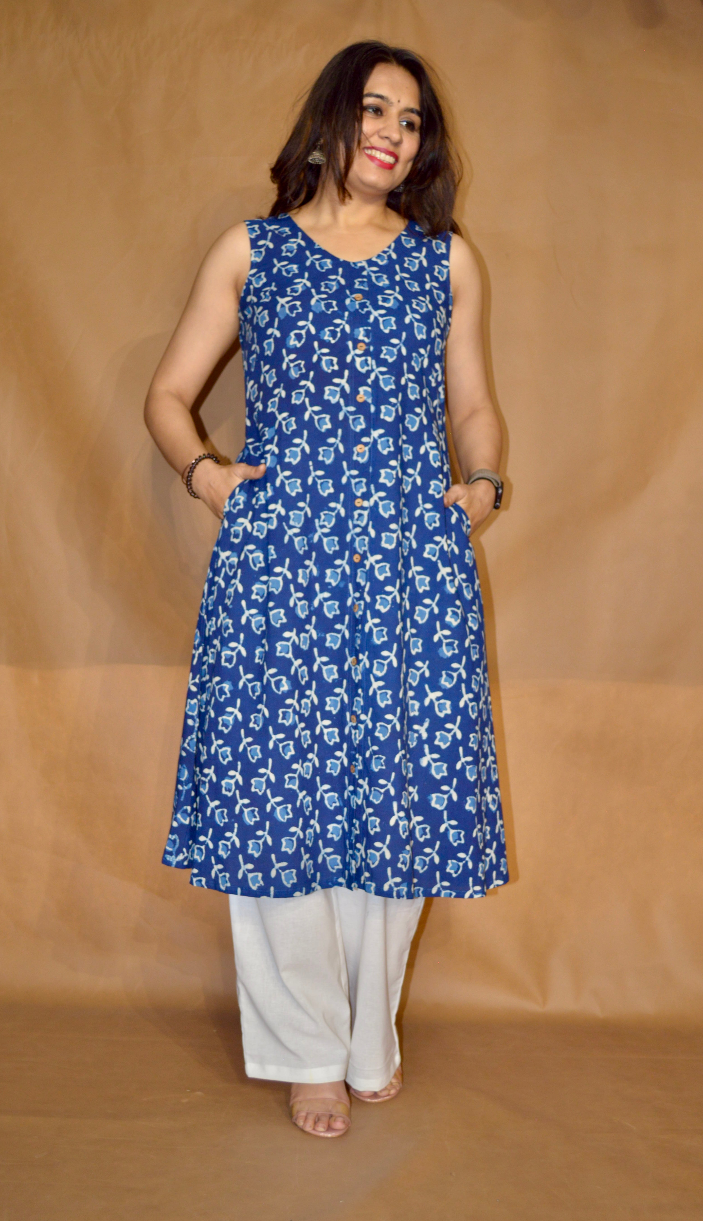 Indigo Petal Dabu Cotton A-Line Kurta