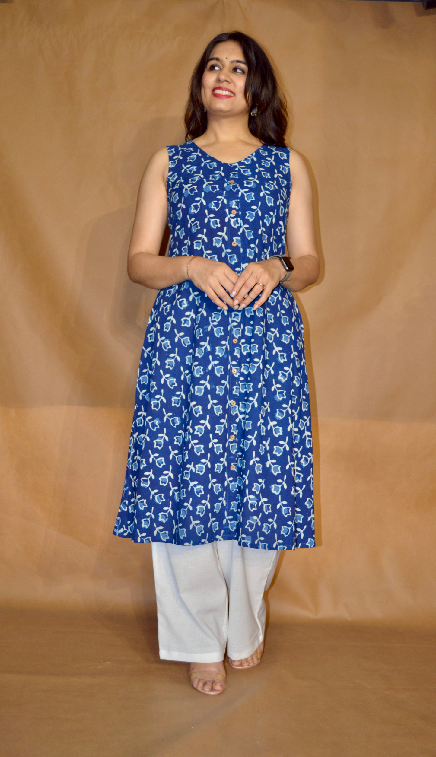 Indigo Petal Dabu Cotton A-Line Kurta