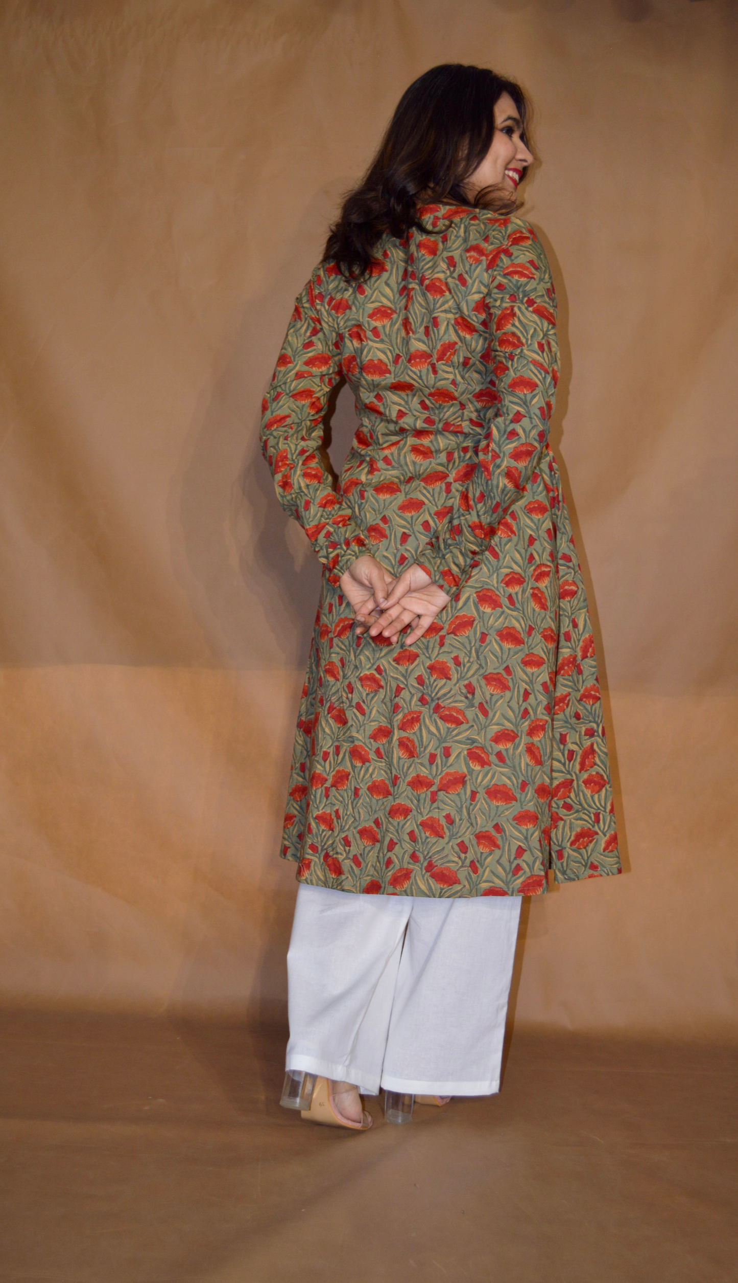Olive Bloom Sanganeri Mul Cotton A-Line Kurta