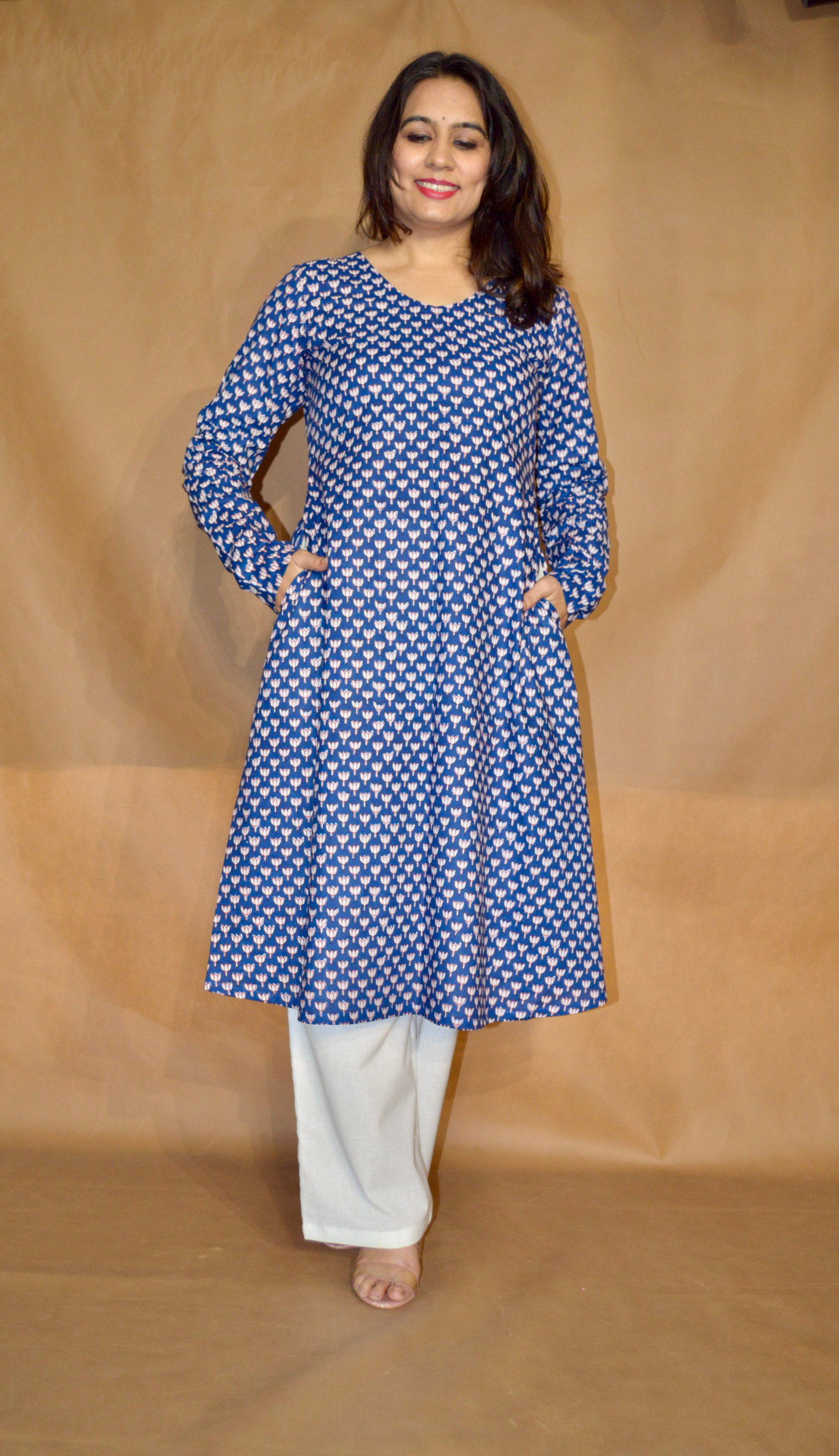 Deeped in blue Sanganeri Mul Cotton A-Line kurta