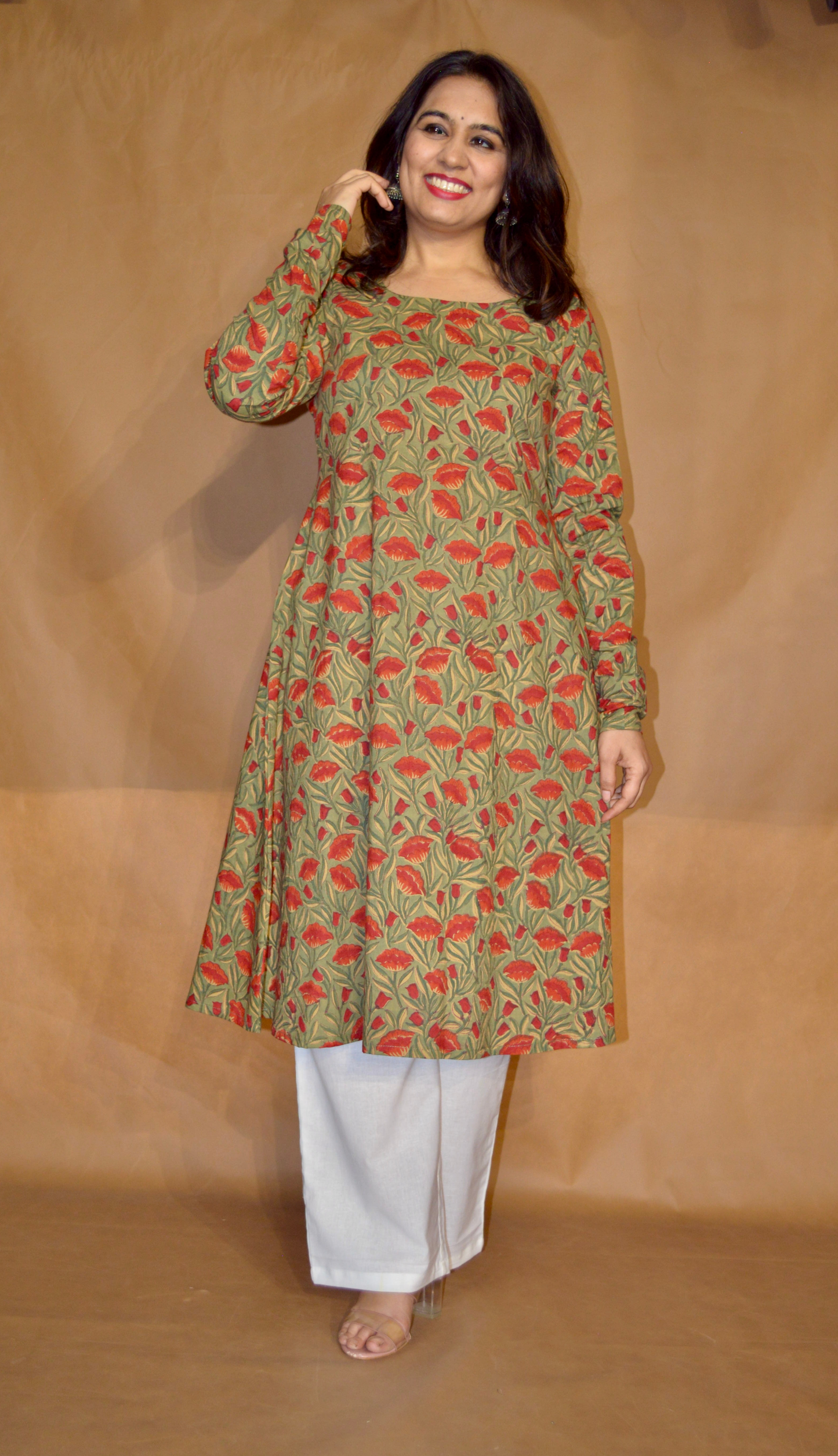 Olive Bloom Sanganeri Mul Cotton A-Line Kurta