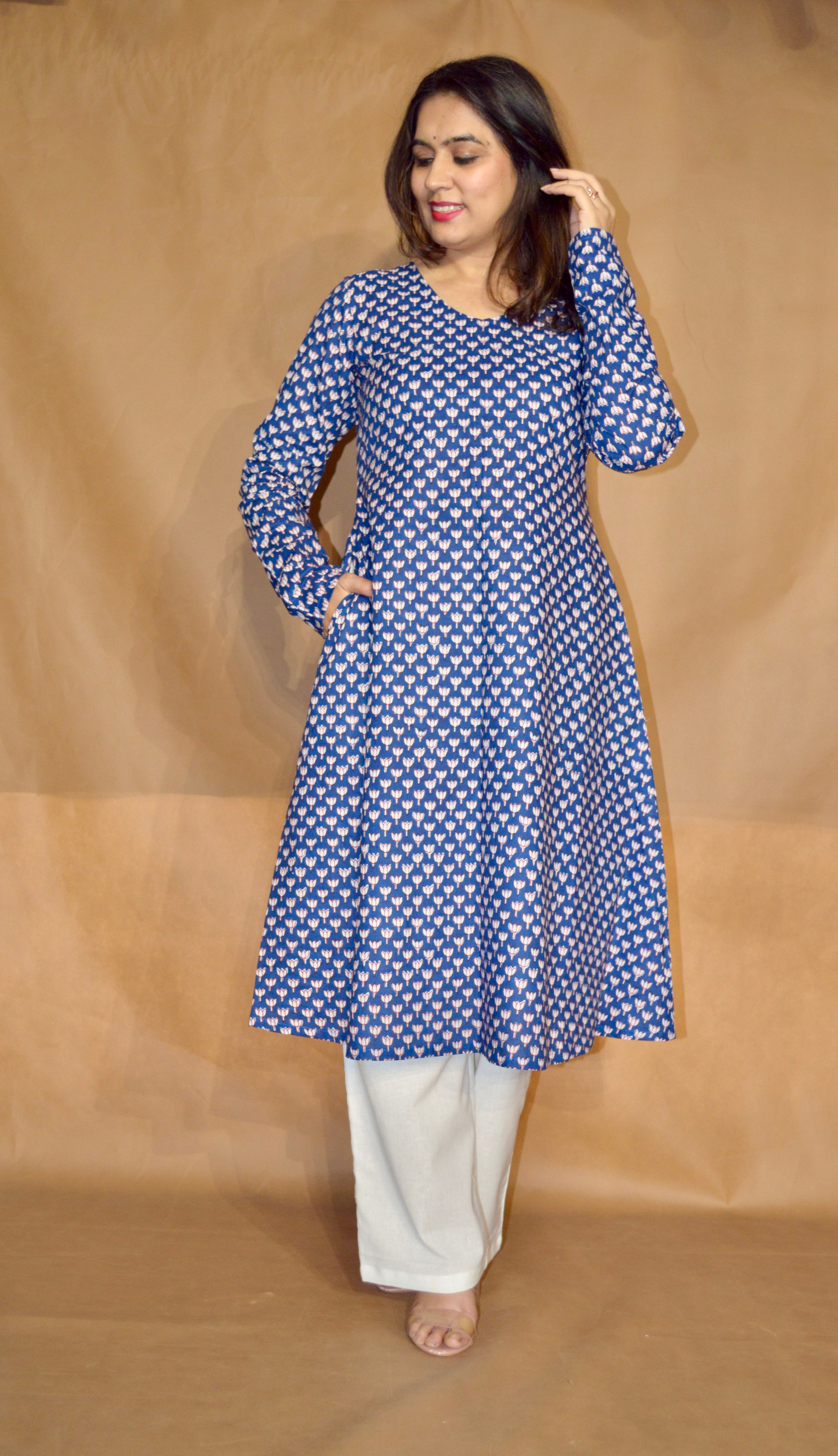 Deeped in blue Sanganeri Mul Cotton A-Line kurta