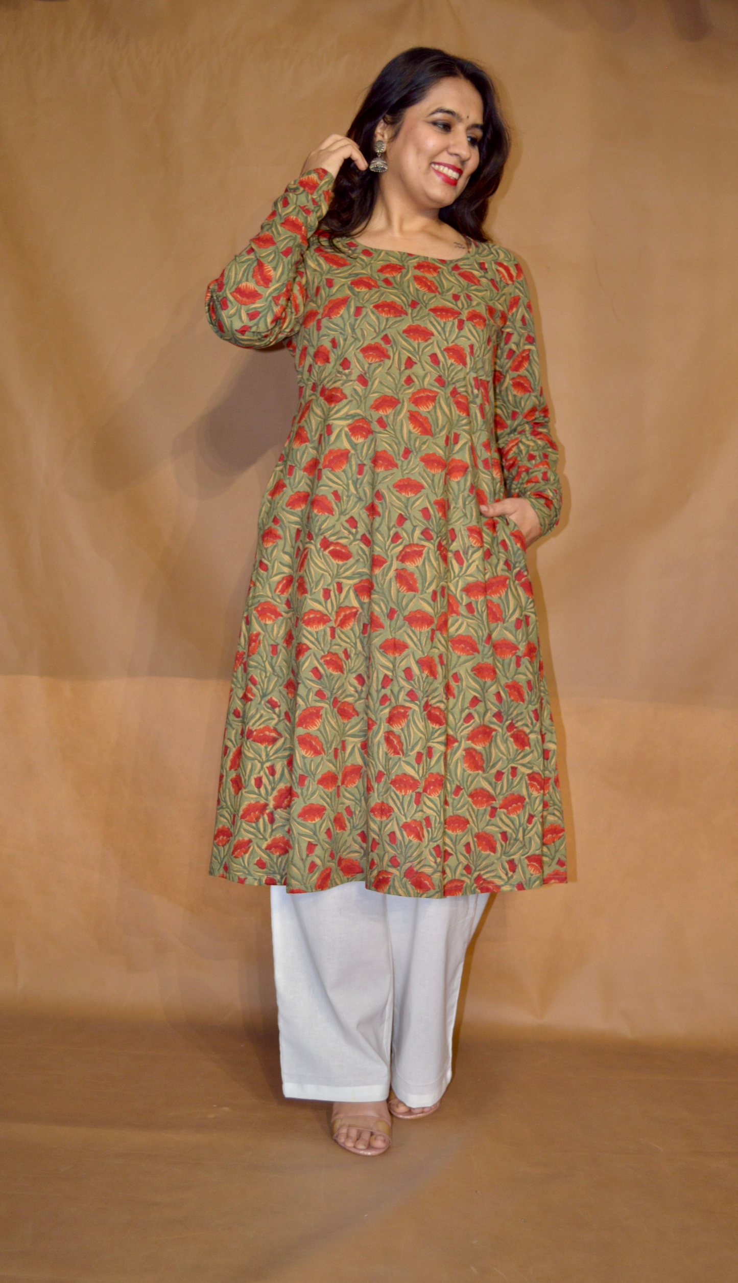 Olive Bloom Sanganeri Mul Cotton A-Line Kurta