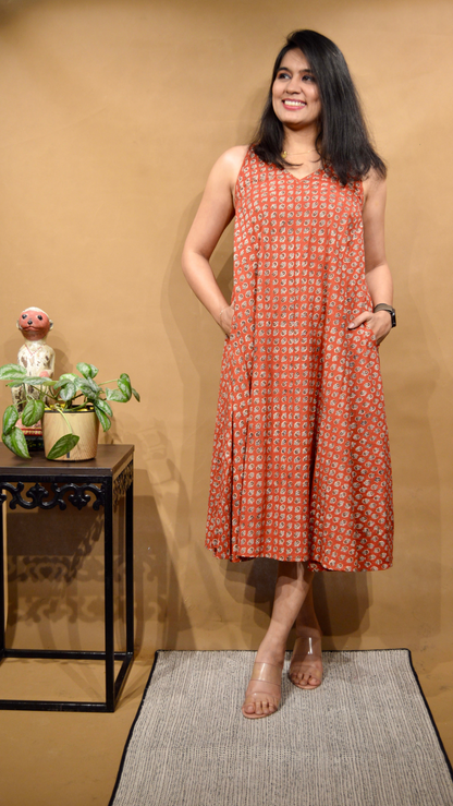 Rust Butti Kalamkari Circular Dress
