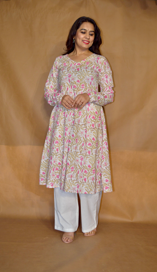 Blush Vine  Sanganeri Mul Cotton A-Line Kurta