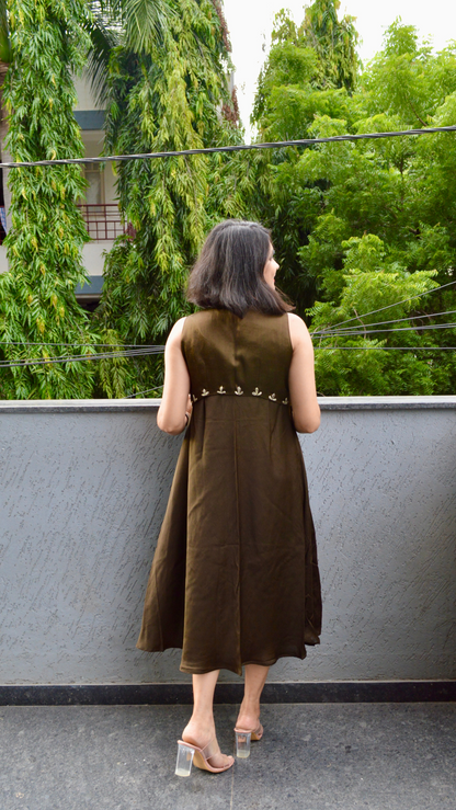 Olive Green Silk Circular Dress with Hand Embroidered Jacket