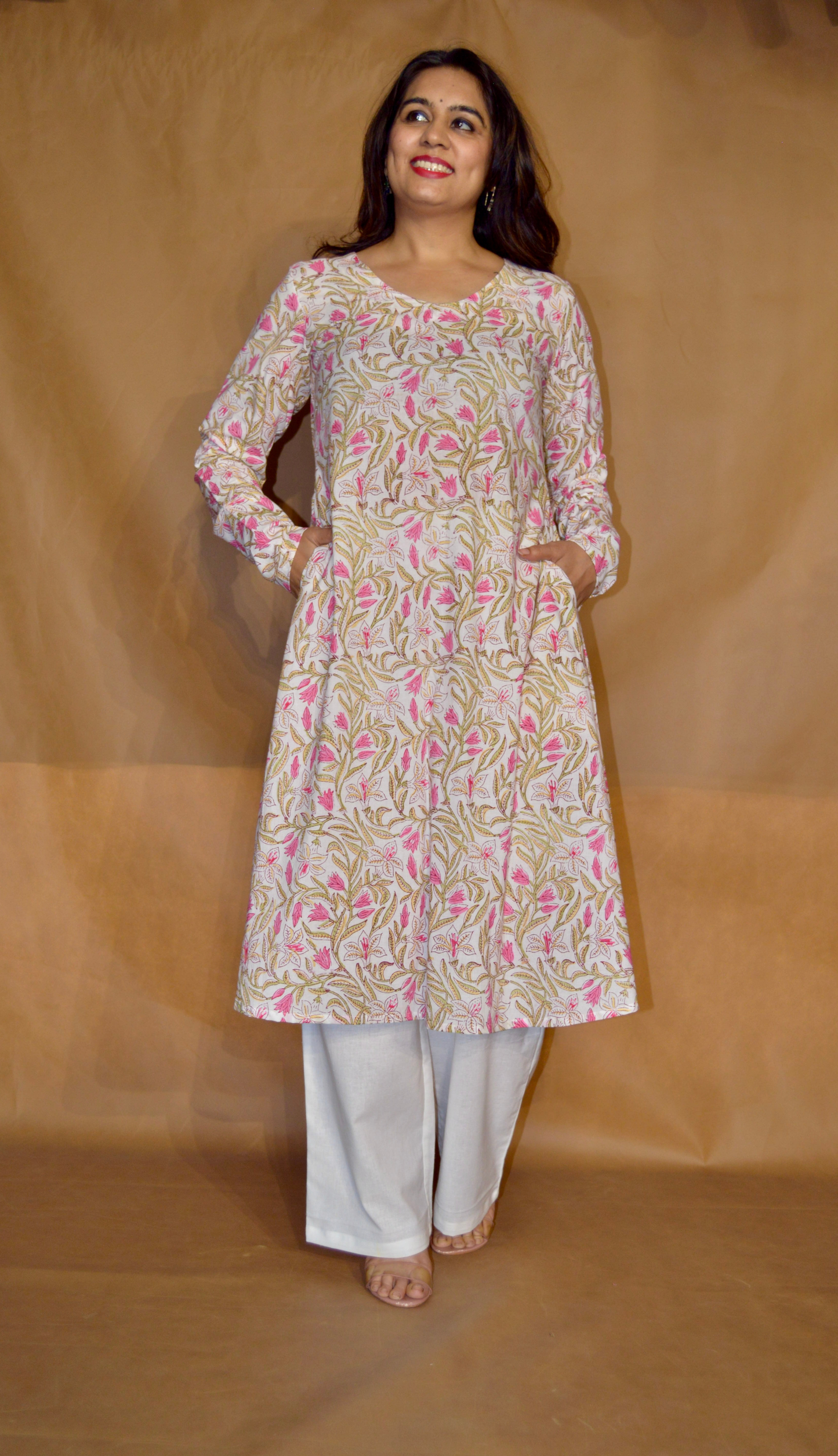 Blush Vine  Sanganeri Mul Cotton A-Line Kurta