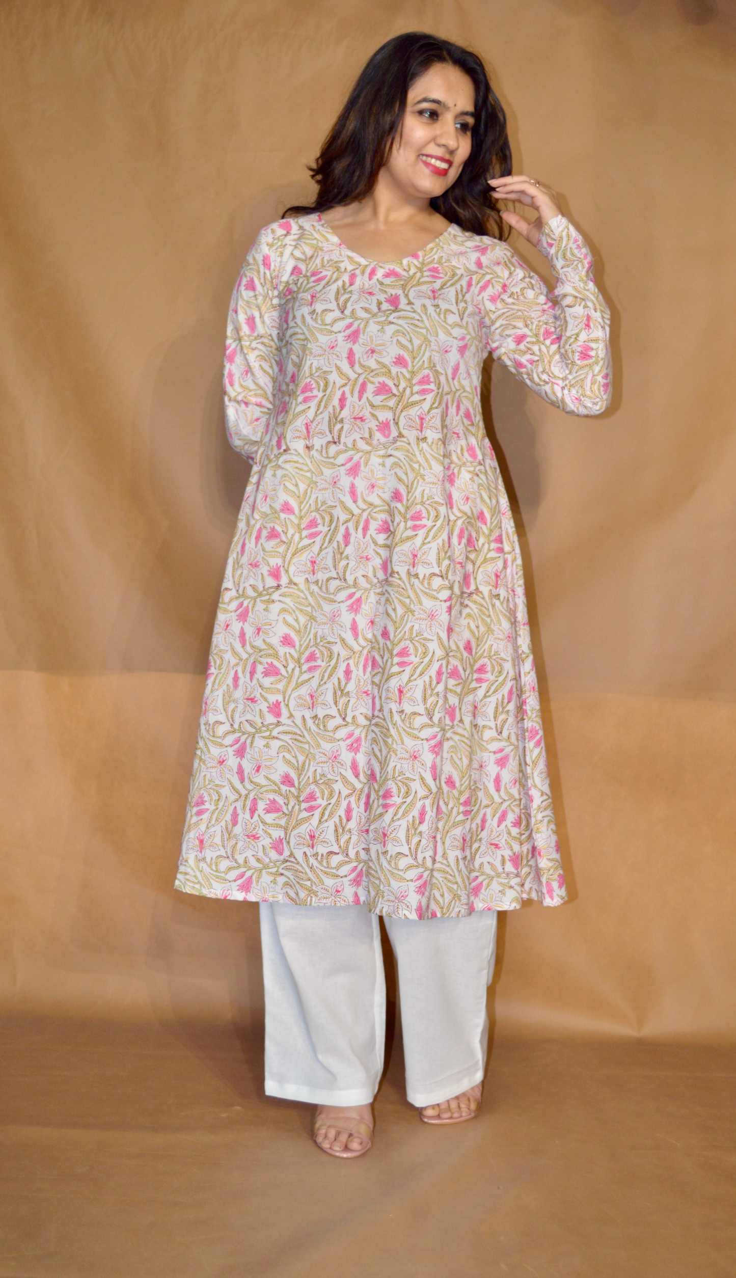 Blush Vine  Sanganeri Mul Cotton A-Line Kurta