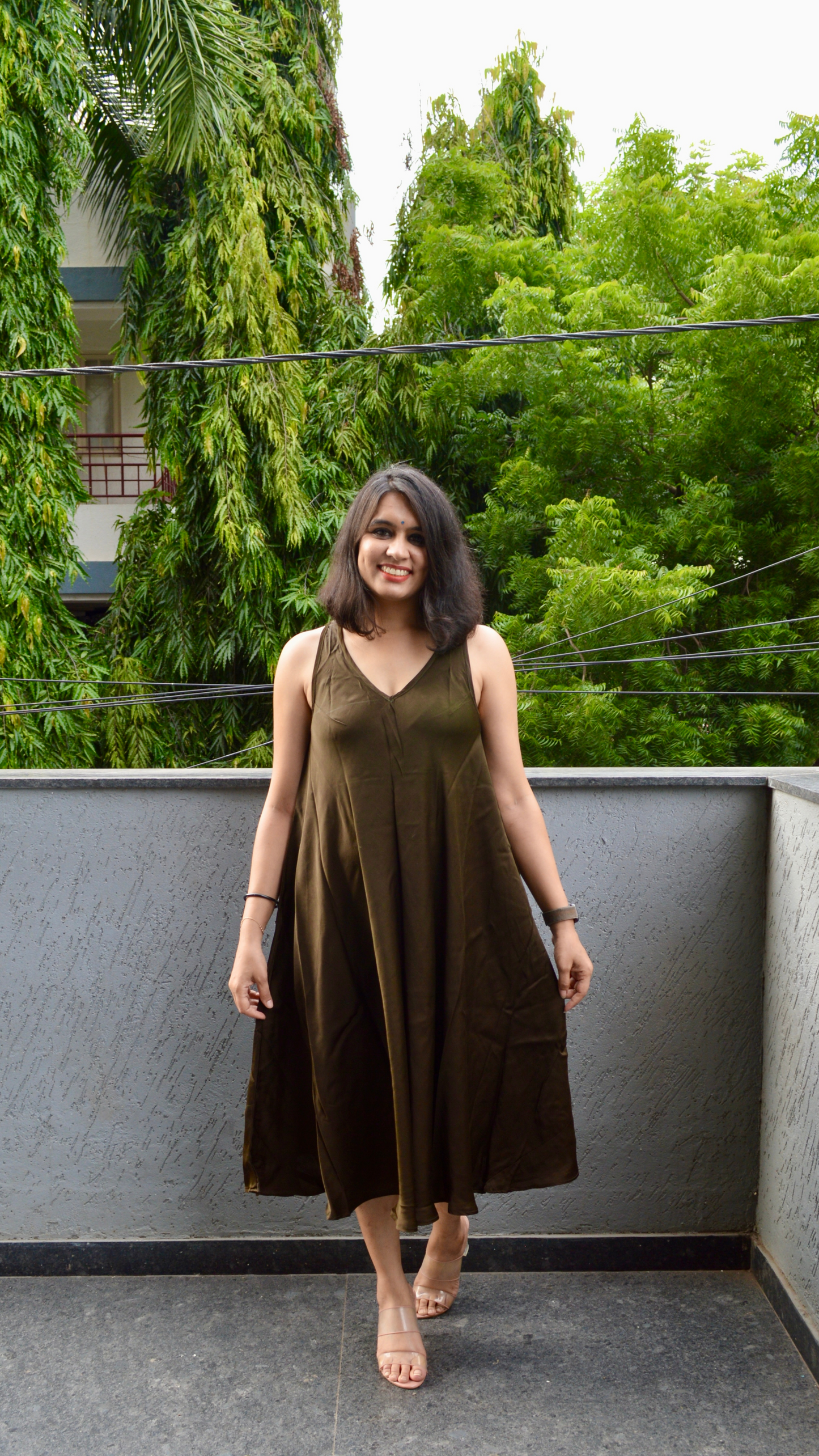 Olive Green Silk Circular Dress with Hand Embroidered Jacket