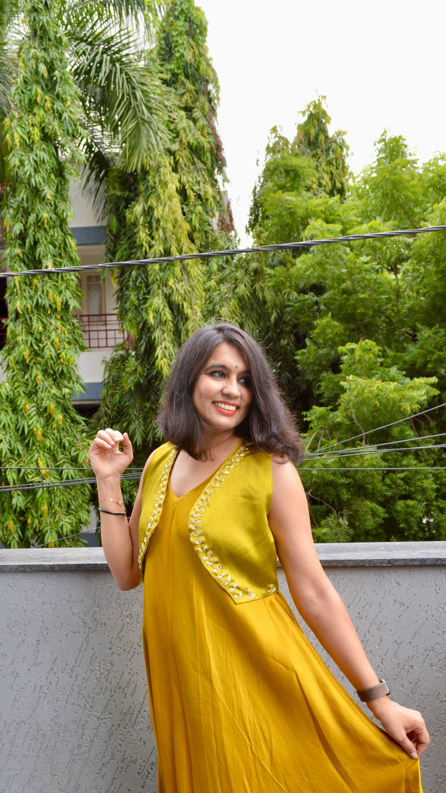 Mustard Silk Circular Dress with Hand Embroidered Jacket