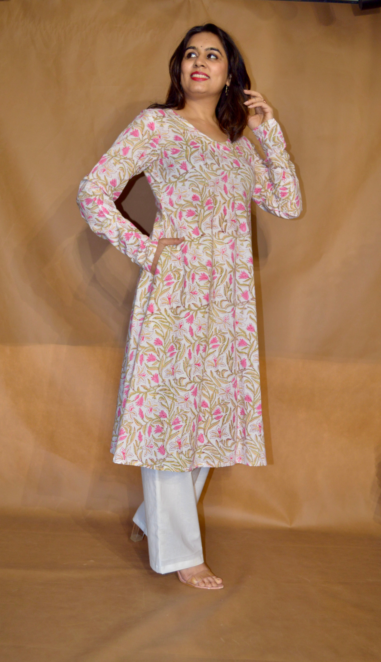 Blush Vine  Sanganeri Mul Cotton A-Line Kurta