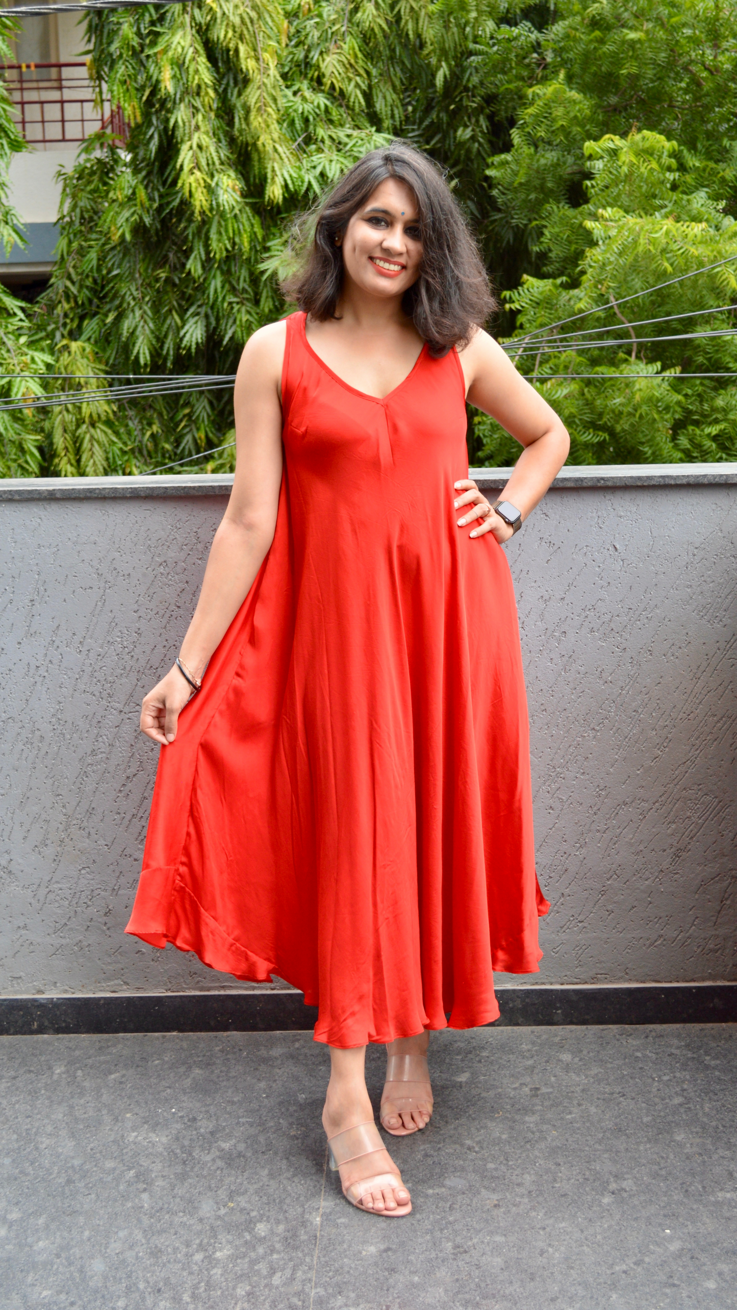 Red Silk Circular Dress with Hand Embroidered Jacket