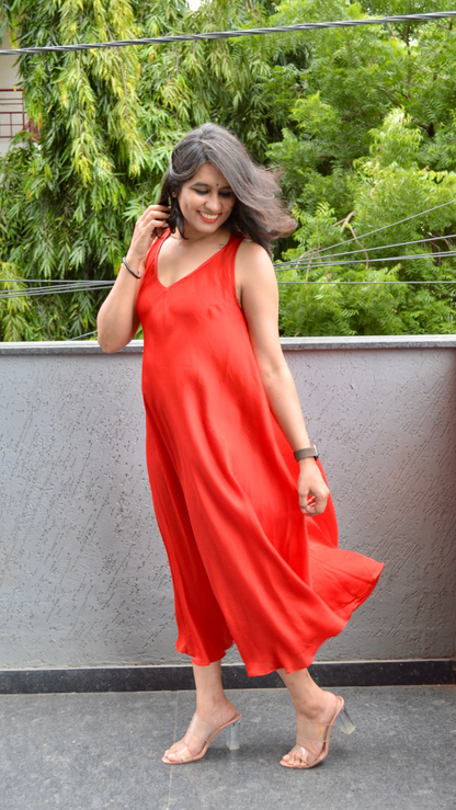 Red Silk Circular Dress with Hand Embroidered Jacket