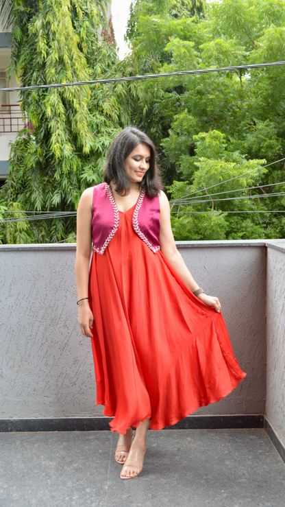 Red Silk Circular Dress with Hand Embroidered Jacket