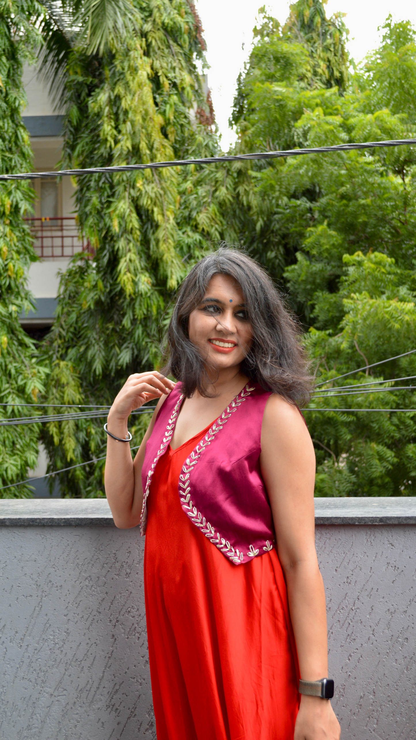 Red Silk Circular Dress with Hand Embroidered Jacket