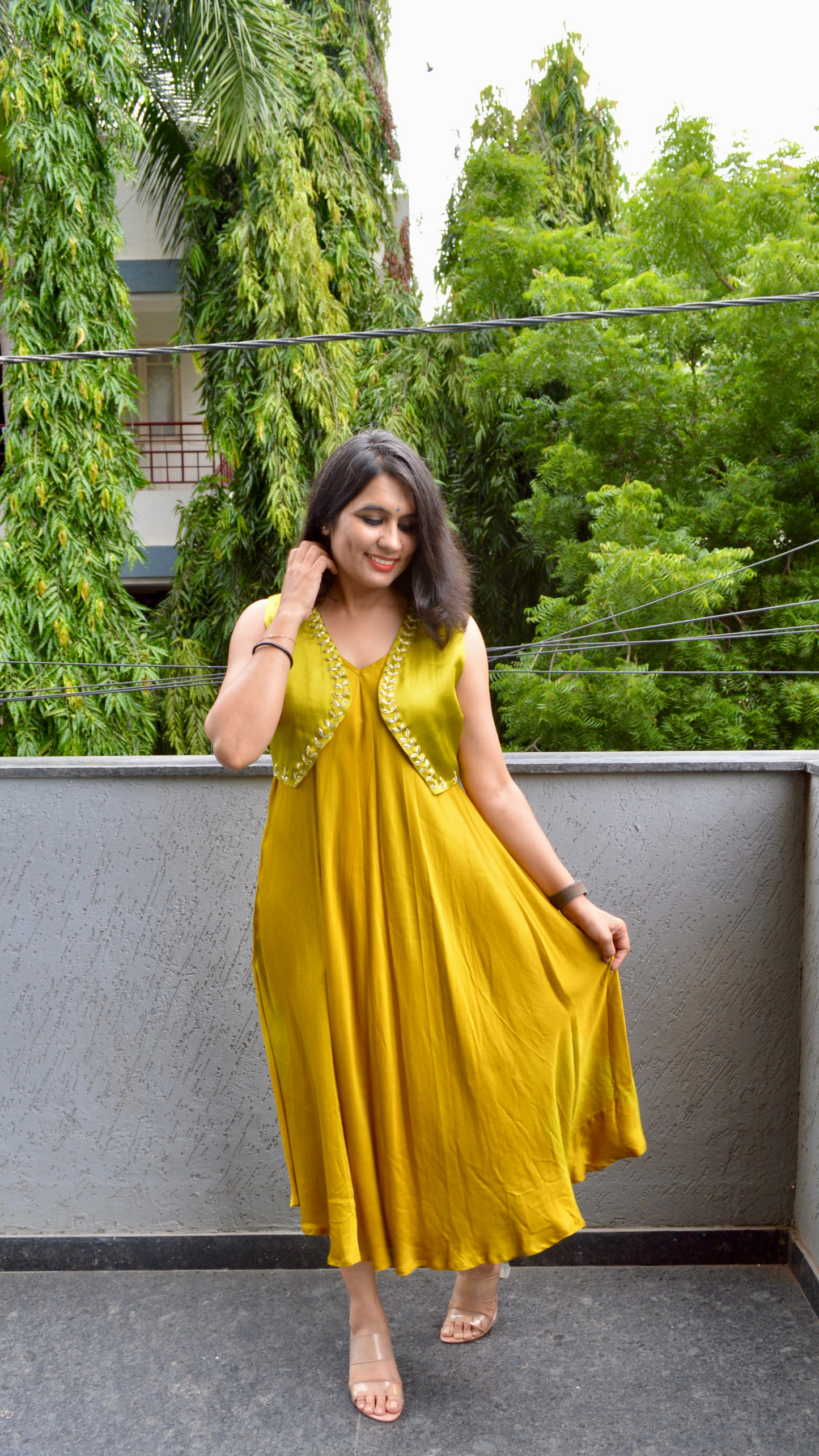 Mustard Silk Circular Dress with Hand Embroidered Jacket