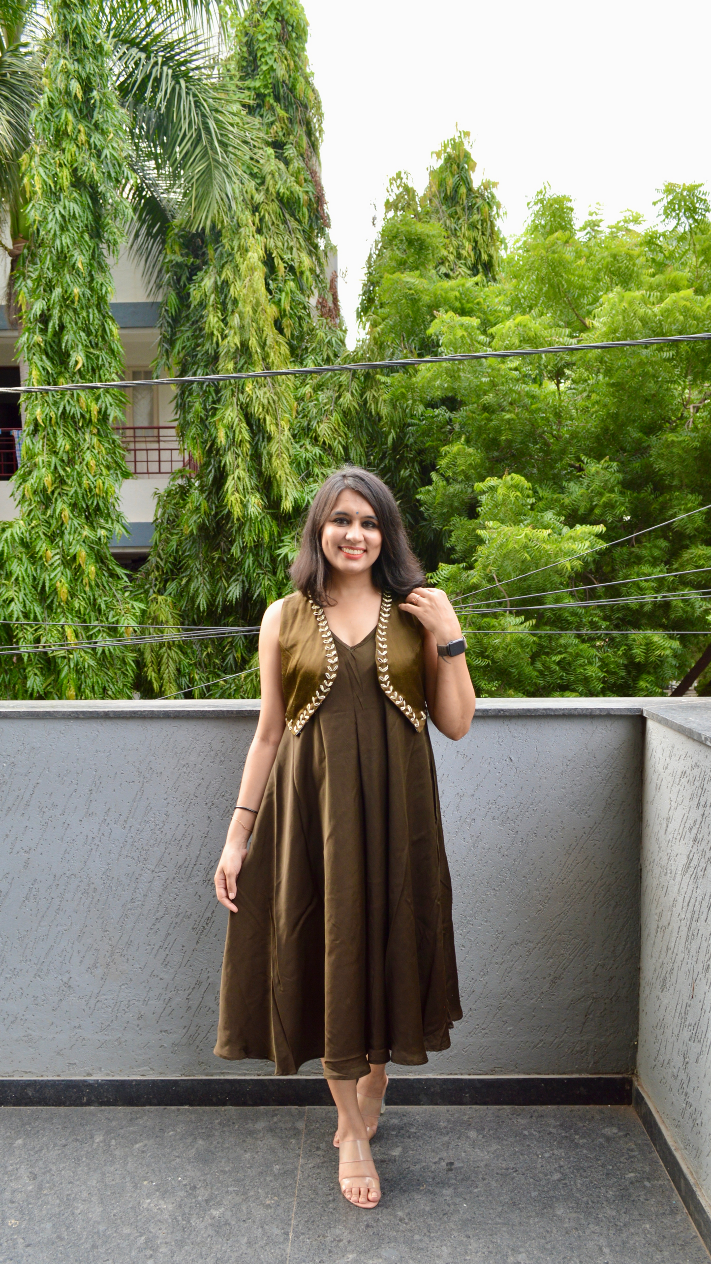 Olive Green Silk Circular Dress with Hand Embroidered Jacket