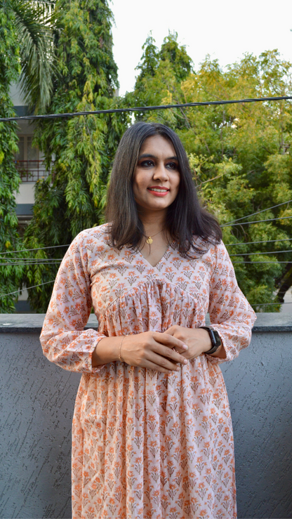 Peach Mul Printed Kurta