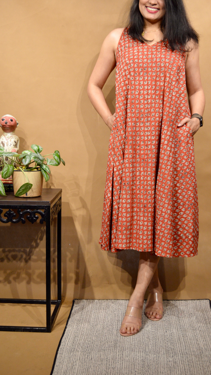 Rust Butti Kalamkari Circular Dress