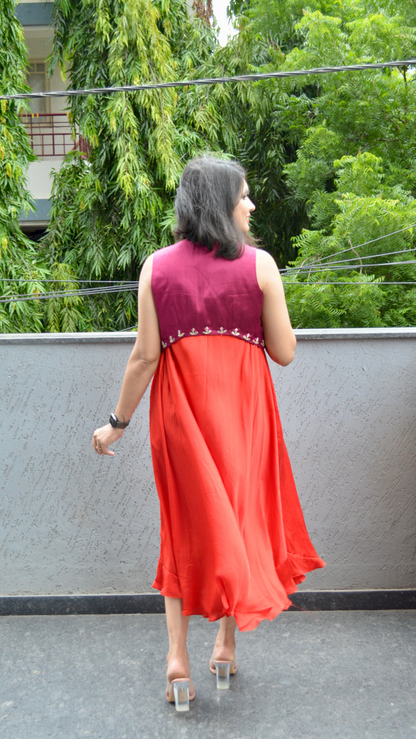 Red Silk Circular Dress with Hand Embroidered Jacket