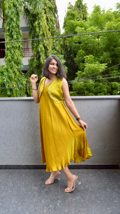 Mustard Silk Circular Dress with Hand Embroidered Jacket