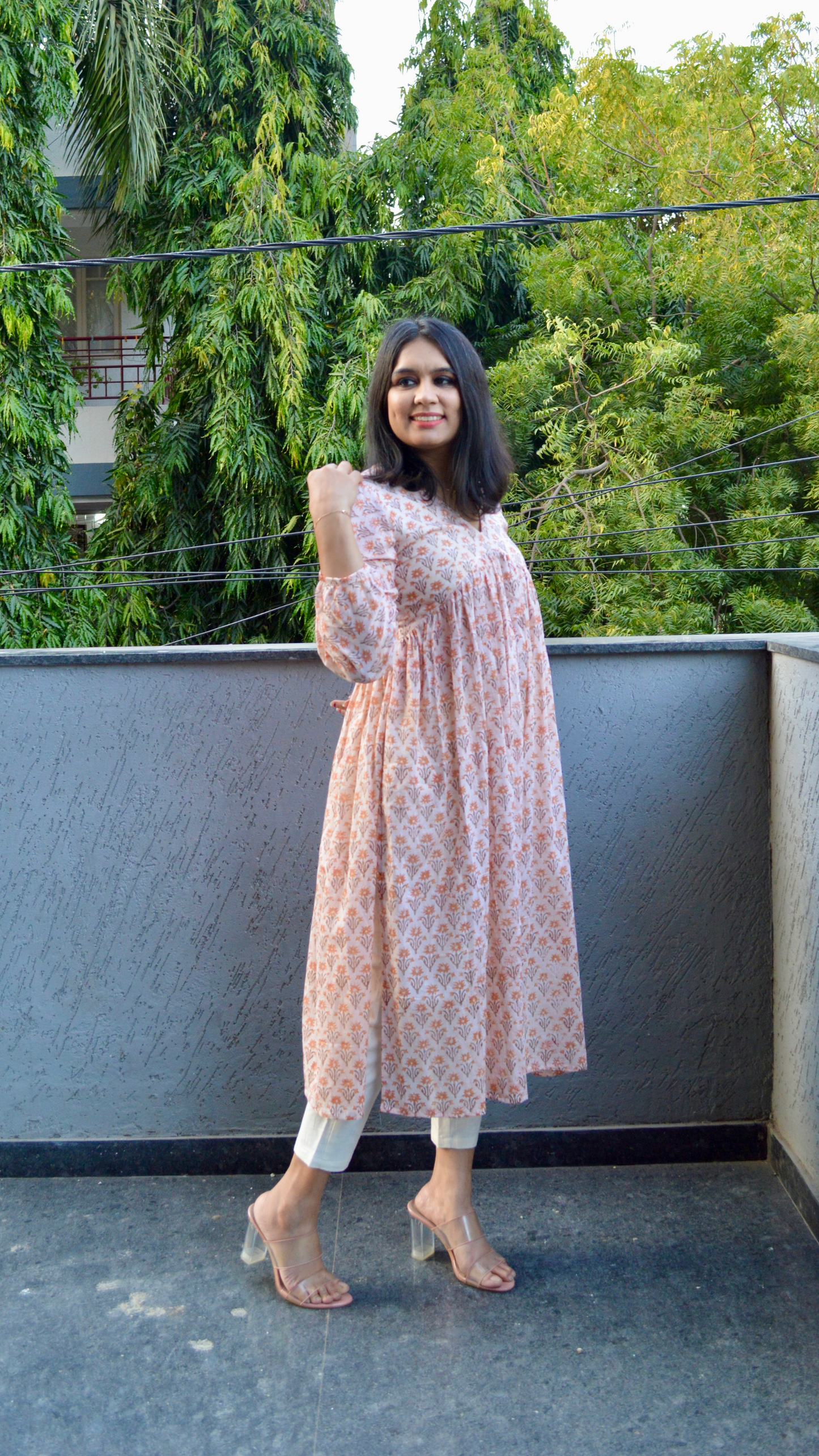 Peach Mul Printed Kurta