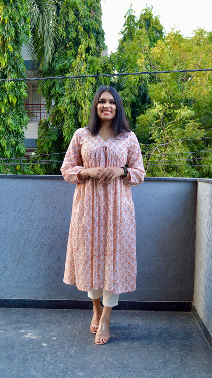 Peach Mul Printed Kurta