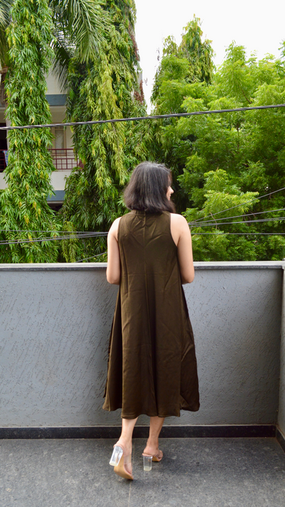 Olive Green Silk Circular Dress with Hand Embroidered Jacket