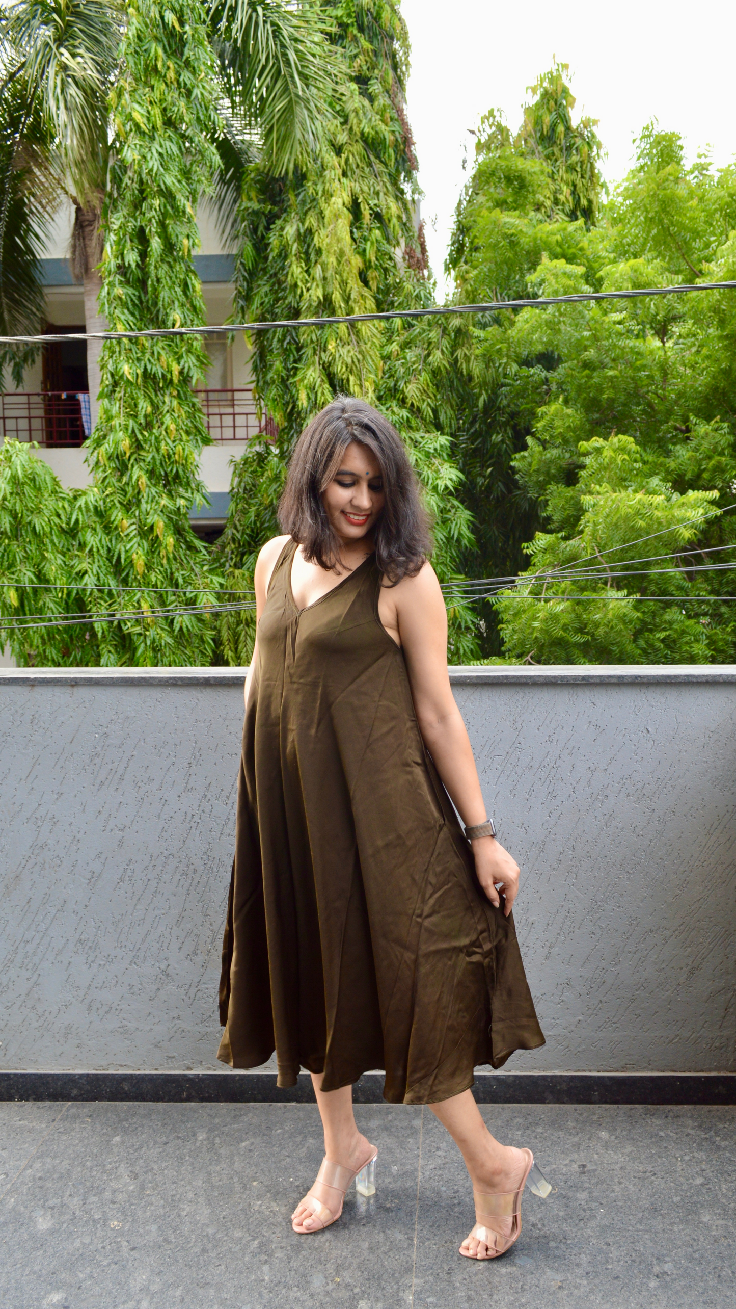 Olive Green Silk Circular Dress with Hand Embroidered Jacket