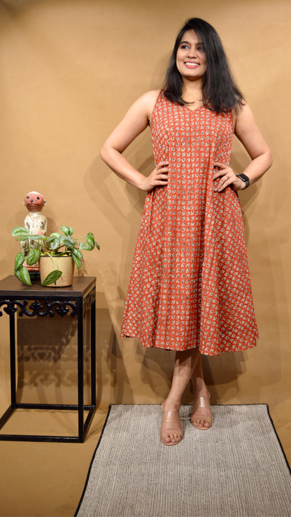 Rust Butti Kalamkari Circular Dress